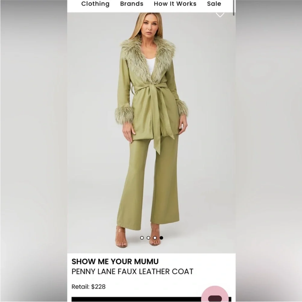 Show Me Your MuMu Penny Lane Olive Green Faux Fur-Trim Tie-Waist Coat - Picture 2 of 8